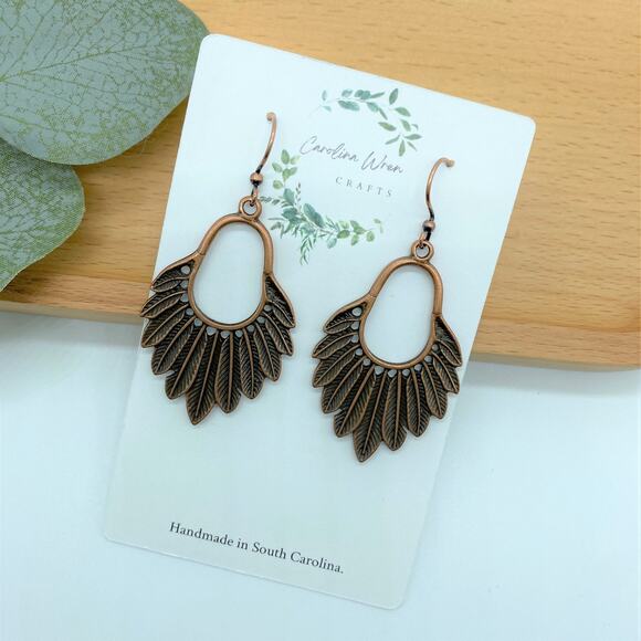 5/$25 Antique Copper Metal Feather Dangle Earrings - Picture 2 of 3